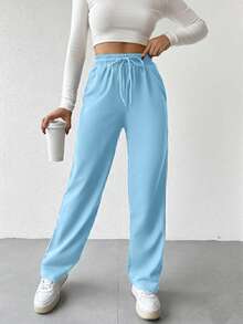 EURMUSE Women's Contrast Trim Drawstring Waist Casual Sweatpants - Baby Blue - View 4