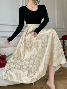 DAZY 女士印花A字褶裥半身裙，优雅半身裙 - 杏色 - 查看 3