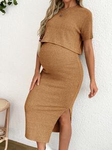 SHEIN 2pcs Maternity Casual Solid Color Top & Skirt Set - Yellow - View 5