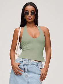 SHEIN BASICS Casual Solid Color Knit Halter Neck Top For Women/Summer - Green - View 3