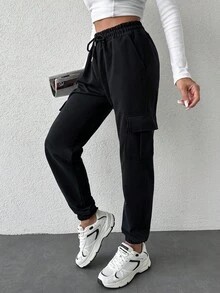 EURMUSE 100%Cotton Flap Pocket Side Drawstring Waist Cargo Pants - Black - View 6