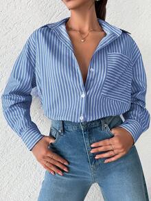 EURMUSE Áo sơ mi cotton kẻ sọc in họa tiết, có túi và vạt chéo, kiểu dáng vai rớt. - Màu xanh lam - Xem 3