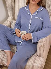 SHEIN Doze Lane Conjunto de pijama casual americano para mujer de talla grande, pantalón de manga larga con ribete de contraste en el cuello, ropa de estar en casa - Multicolor - Ver 7