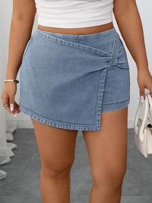 SHEIN Elenzya Plus Size Women Elegant & Comfortable Light Blue Stretch Denim Skirt - Light Wash - View 5