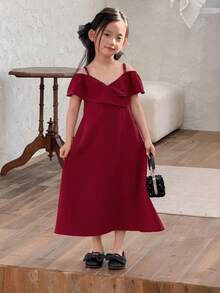 DAZY Young Girl' Ruffle Trim Solid Color Party Birthday Casual Summer Dress - Burgundy - View 2