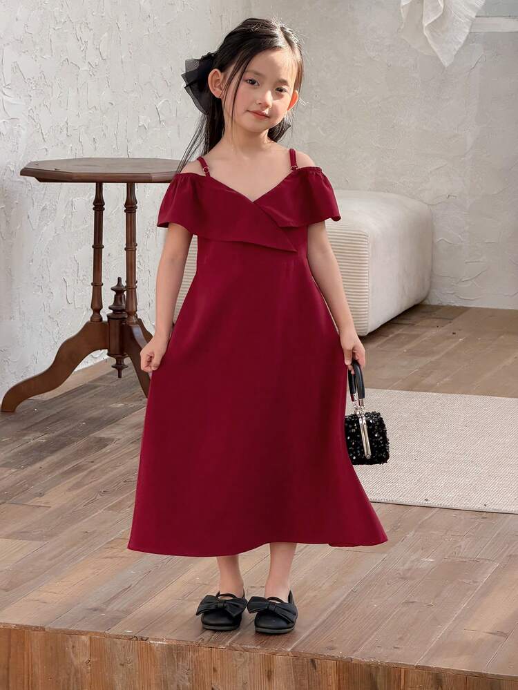 Young Girl' Ruffle Trim Solid Color Party Birthday Casual Summer Dress