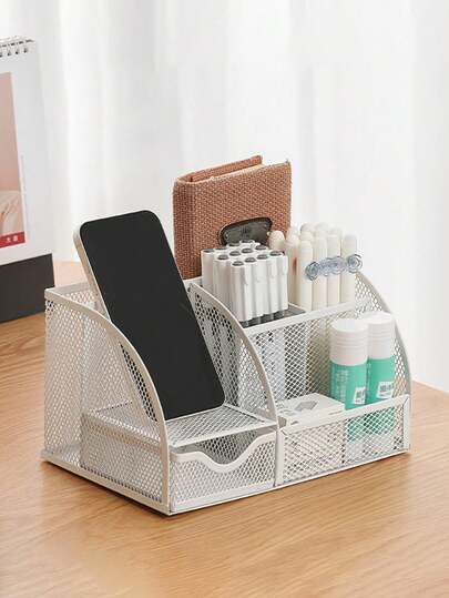 Organizador de cajón de escritorio de oficina, cajón de malla clásico, soporte para bolígrafos de metal, gran espacio, organizador de escritorio multiusos, adecuado para oficina, hogar, útiles escolares (blanco, 1 paquete) Vuelta al colegio