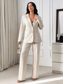 EURMUSE Women Two Pieces Outfits Blazer And Wide Leg Pant Suit Sets - Beige - View 5