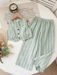 LMoss Kids 2pcs Young Girl Woven Striped Casual Vest & Pants Set