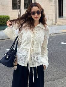 FRIFUL Ensemble 2 pièces chemise ample et débardeur pour femmes, tissu texturé avec nœud papillon décoratif à l'avant - Beige - Voir 9