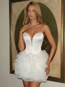 Vowa Rochie elegantă, romantică, la modă, din satin alb și organza, cu model patchwork, cu model coadă de pește, potrivită pentru petreceri individuale, nunți, absolviri, vacanțe, ceai de după-amiază, petreceri burlăcițe - alb - Vizualizare 6