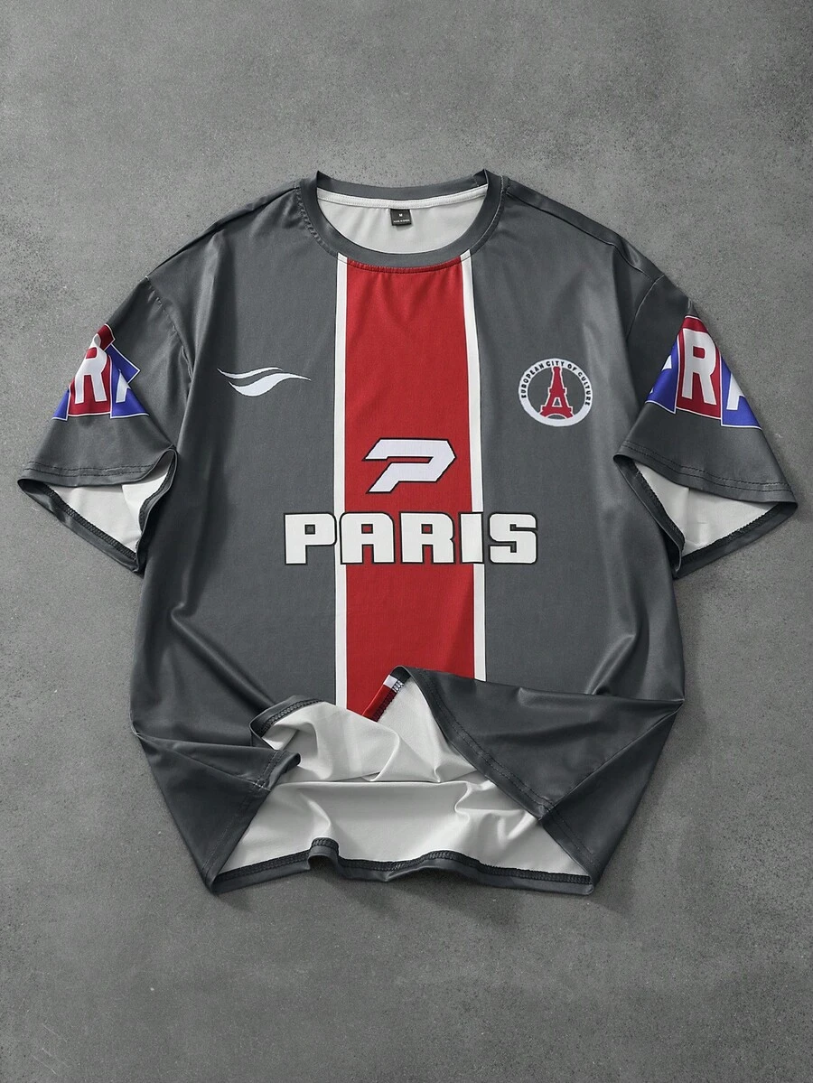 Manfinity Campus Court Herren Rundhals Kurzarm Kontrast Farbe Lässig Sommer vielseitiges T-Shirt, Herren Retro Hemd Paris Hemd Sportjersey - Grau - Übersicht 1