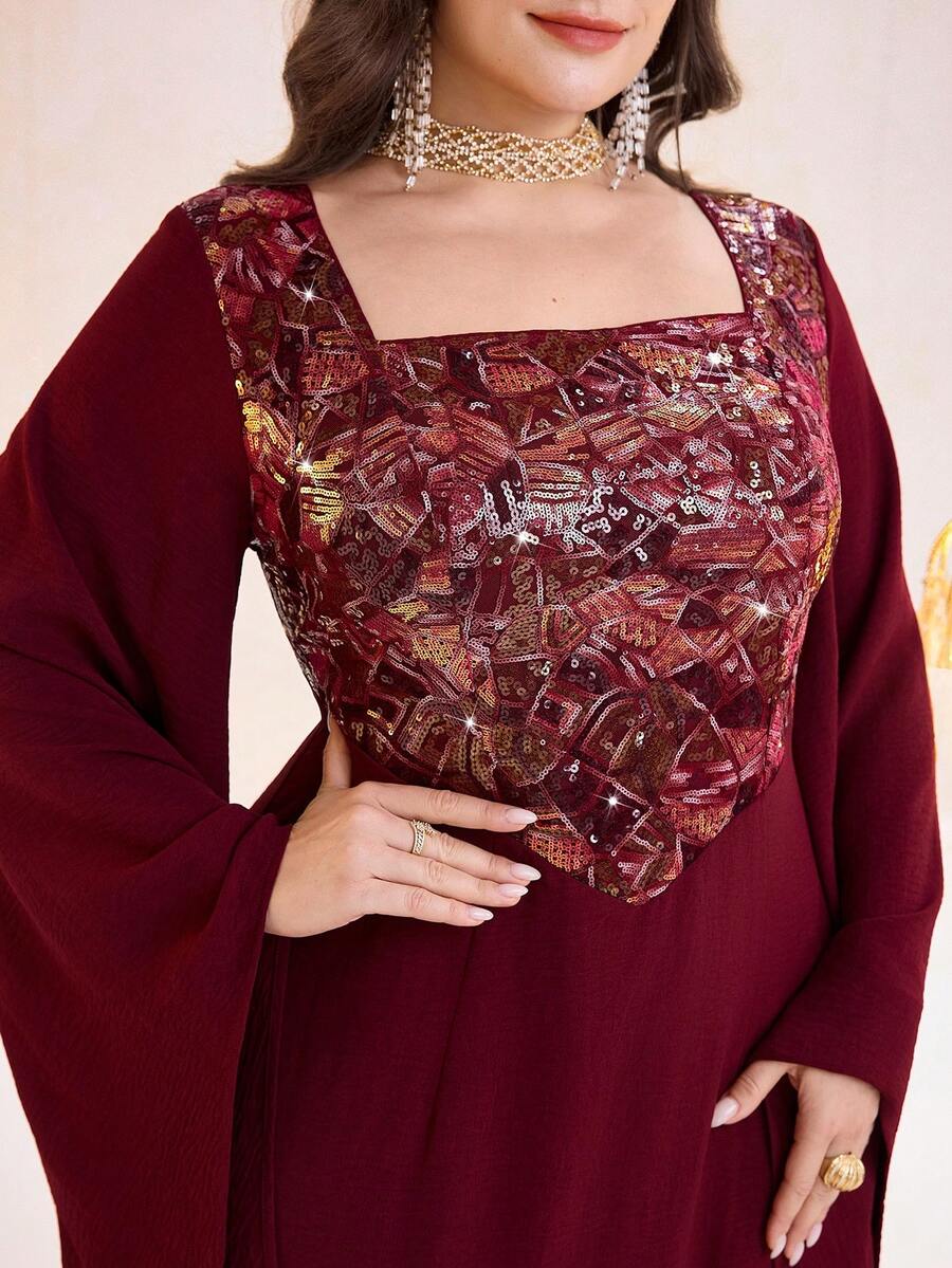 Al Najma Plus Size Women's Square Neck Cinched Waist Elegant Arabic Style Dress - Burgundy - View 1