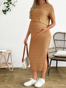 SHEIN 2pcs Maternity Casual Solid Color Top & Skirt Set - Yellow - View 4