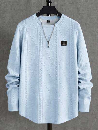 NEON BLANC Men's Solid Color Minimalist Casual Knit Long Sleeve T-Shirt Patterned Men Sweater Baby Blue Men Top Long Sleeve Knit Men