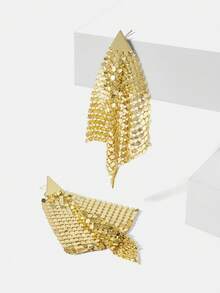 MOTF PREMIUM 18K镀金不对称三角形网状长耳环 - 金色 - 查看 7