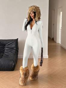 StreetHx Streetwear Women's Thermal Lined Slim Fit Long Sleeve Jumpsuit, Autumn/Winter - White - View 4