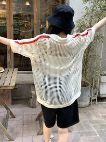 DAZY Teen Girl Letter Print Hollow Out Loose Fit Pullover Sweater - Apricot - View 3