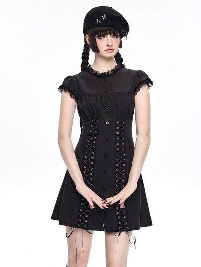 Goth Vestido camisero ajustado para mujer de unicolor, versátil para uso diario, con botones en el hombro, lazo y ojales