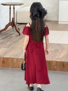 DAZY Young Girl' Ruffle Trim Solid Color Party Birthday Casual Summer Dress - Burgundy - View 5