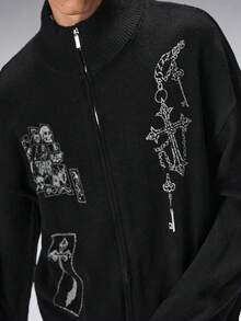 ROMWE MEN Goth Cardigan de punto con cuello de tripulación, cierre de cremallera, gráfico de cruz oscura y calavera, para hombre - Negro - Ver 2