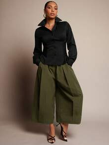 Vixey Elastic Waistband Panel Detail Culotte Office Pants - Olive Green - View 1