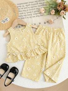 SHEIN LMoss Kids 2pcs Baby Girl Woven Striped Crew Neck Top And Loose Casual Pants Set - Multicolor - View 6