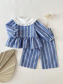 SHEIN 2 piezas Conjunto de top de manga larga con cuello y pantalones estilo universitario casual para niña bebé, adecuado para uso diario en primavera y otoño