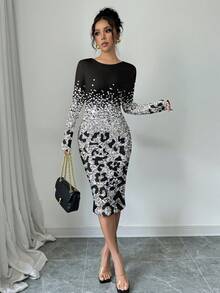 SHEIN Clasi 休闲简约亮面图案女式连衣裙，适合秋冬季穿着 - 彩色 - 查看 3