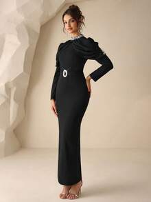 Coutiva Women's Elegant Crystal Embellished Formal Evening Gown,Black High Neck Rhinestone Collar Long Sleeve Maxi Dress For Wedding Guest,Gala & Party - Black - View 6