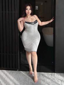 Dazy Plus Elegant Sexy 2 Pieces Sleepwear Set, Contrast Lace Slim Fit Long Nightgown & Cardigan, Plus Size Women Spring/Summer - Light Grey - View 8