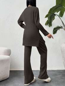 EURMUSE Cotton Drop Shoulder Split Hem Tee & Pants - Chocolate Brown - View 2