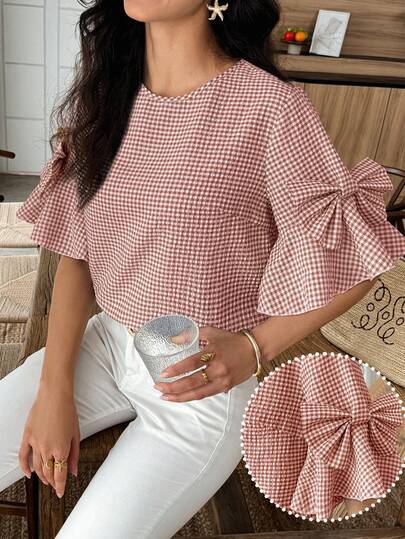 Louniche Blusa de moda con cuello redondo, lazo decorativo y mangas acampanadas a cuadros para mujer