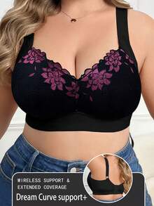 SHEIN 1 pieza Sujetador inalámbrico de encaje y parches para tallas grandes - Negro - Ver 4