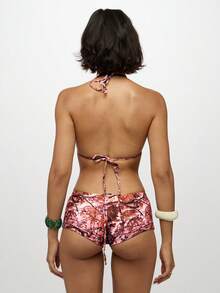 SUMWON WOMEN Halter Triangle Bikini Set With Abstract Print Tie Side Bottom Beach Swimwear Two Piece Summer Vacation Tropical Pattern Swimsuit - Pink - View 2