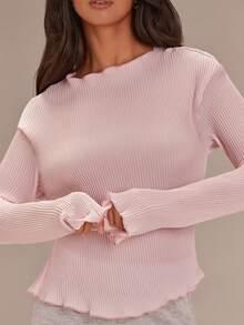 Athîral 女士休闲褶皱纯色圆领长袖衬衫 - 淺粉色 - 查看 4