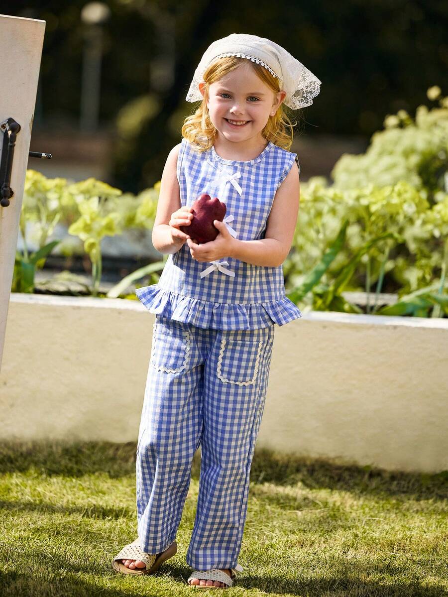 Blossori Set de 2 piezas de top con chaleco y pantalones a cuadros con decoración de moño floral vintage para niñas pequeñas, adecuado para primavera/verano y vacaciones al aire libre - Azul - Ver 1