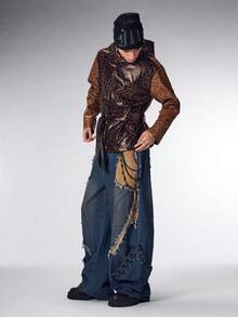 ROMWE MEN Grunge Punk Men's Leopard Print PU Leather Patchwork Hooded Belted Jacket - Brown - View 4