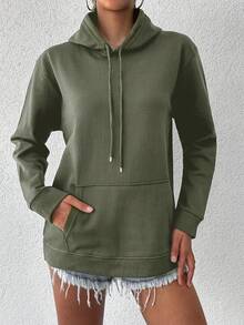 EURMUSE Women's Solid Color Drop Shoulder Drawstring Hoodie - Khaki - View 4