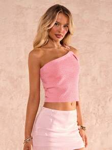SHEIN Glamour Women's Short Sleeveless Pink Cropped Knit Top, Spring/Summer - Pink - View 3