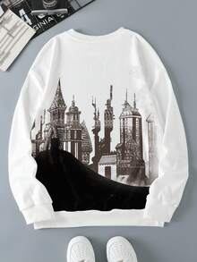 BATMAN X SHEIN 男士休闲日常通勤动漫英雄人物字母印花落肩宽松白色圆领套头卫衣，春秋季 - 白色 - 查看 2