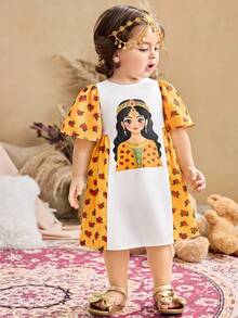 SHEIN Vestido de manga corta con estampado floral y de dibujos animados para bebé niña - Multicolor - Ver 4