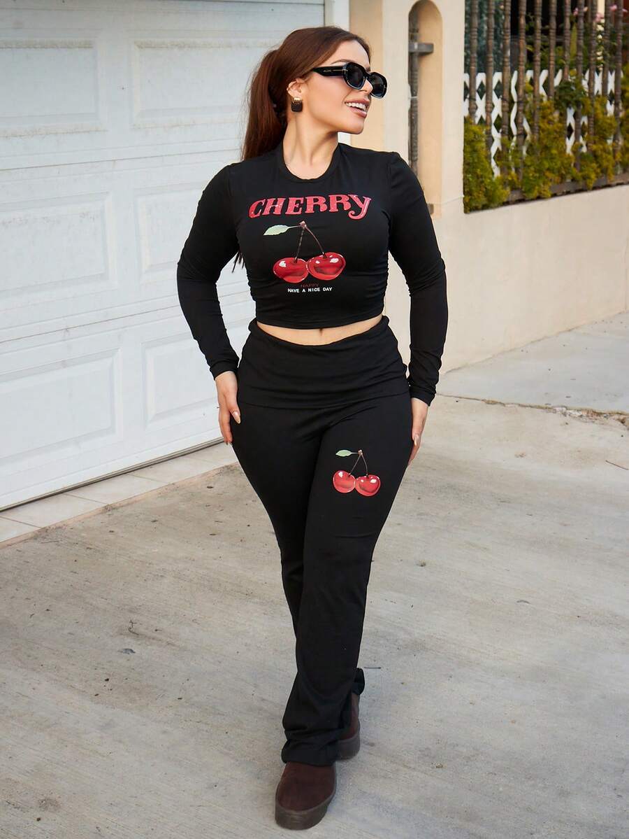 Lupita Cardoza Ropa de otoño 2025 para mujer/Ropa de invierno para mujer/Conjuntos de 2 piezas para mujer/Jeans acampanados/Blusas de manga larga/Pantalones de yoga de cuello redondo simple y manga larga/Top corto plisado/Pantalones anchos de pierna ancha/Pantalones acampanados/Traje de dos piezas para mujer/Gráfico de cereza/Ropa Y2K/Ropa urbana/Blusas para salir para mujer - Negro - Ver 1