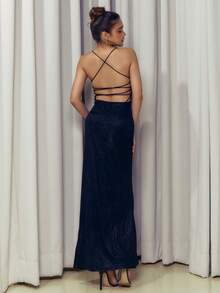 Criza Taa Women's Backless Party Fitted Long Slit Strap Dress - View 2
