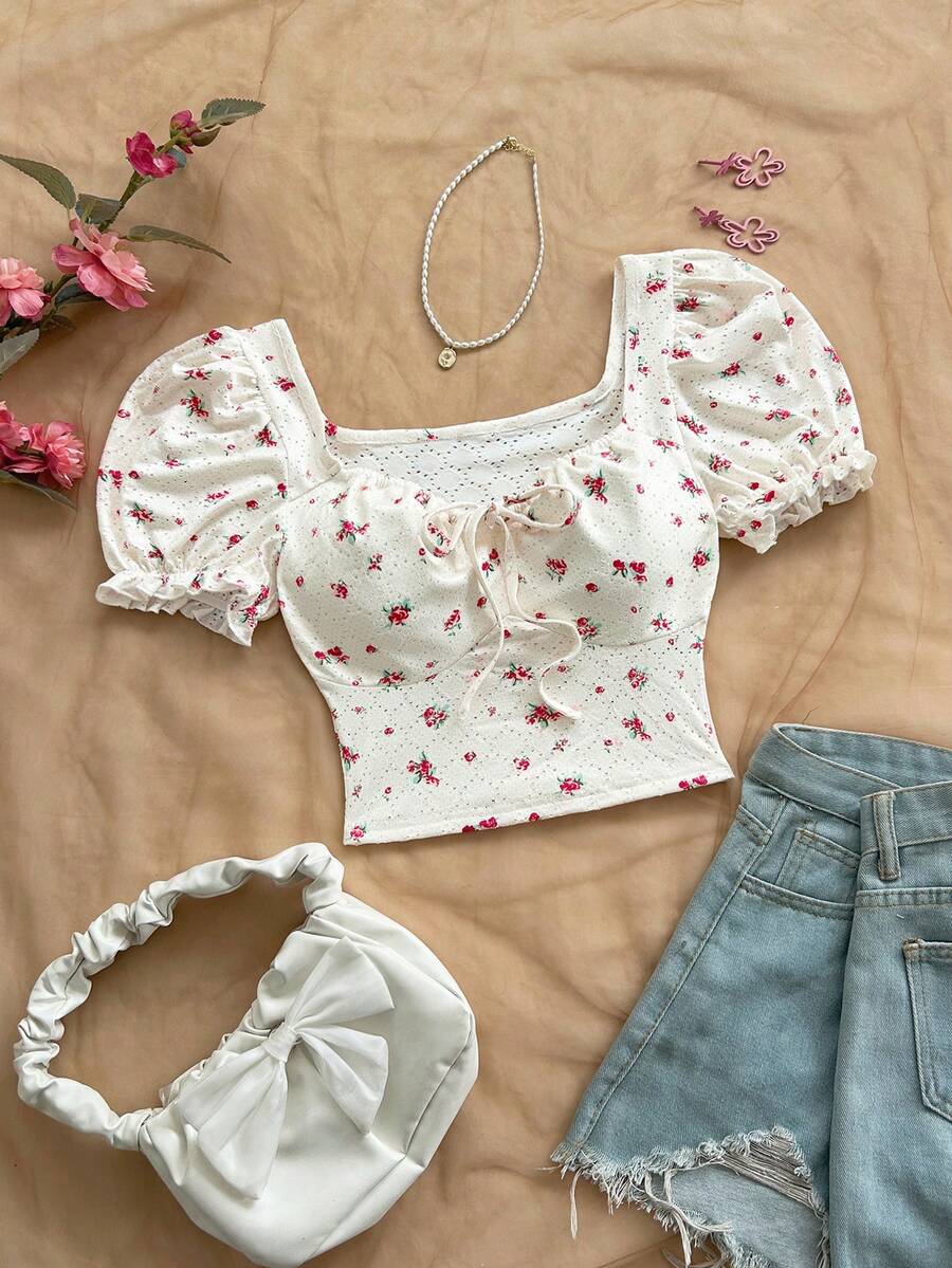 Soleia Women's Romantic Floral Print Puff Sleeve Tie Front Cropped Top With Frill Trim - Pink - View 1