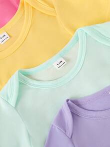 SHEIN Playful Pals 5件套女婴柔软舒适圆领纯色糖果连体衣，时尚休闲日常穿着，易于穿脱，短袖短裤款式，春夏款 - 彩色 - 查看 7