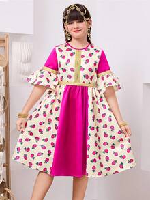 Tween Girl Pink Floral Autumn Elegant Party Dress,Round Neck Gold Ribbon Contrast Burgundy Rose Modest Arabic Traditional Clothing Abaya Patchwork - Multicolor - View 3