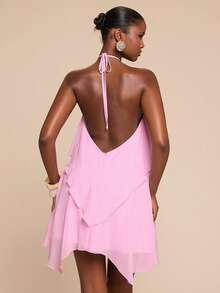 SHEIN BAE 女士春夏露背吊带系带花卉金属扣装饰双层荷叶边不对称下摆迷你连衣裙，适合度假、约会、音乐节、生日、早午餐、婚礼宾客等场合，露背设计，粉色 - 粉色 - 查看 2