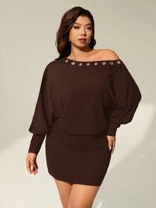 Auralis Đầm dài tay ôm dáng thời trang màu trơn dành cho nữ cỡ lớn, thiết kế khoét lỗ, vai bất đối xứng. - màu nâu - Xem 4