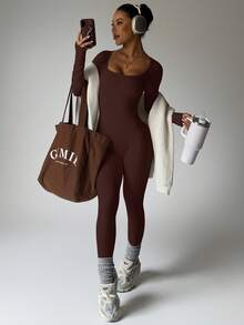 Dewbera Dewbera 2PCS Women's Black Autumn Athleisure Basic Gym Solid Color Round Neck Long Sleeve Jumpsuit,Seamless Workout Compression Legging Unitard Bodysuit - Multicolor - View 4